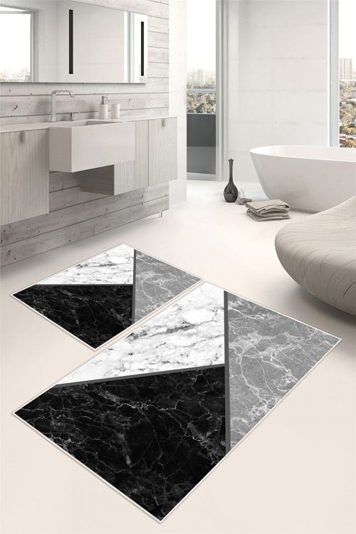 Modern Geometrik Desenli Dijital Baskılı Yıkanabilir 2li Banyo Paspası