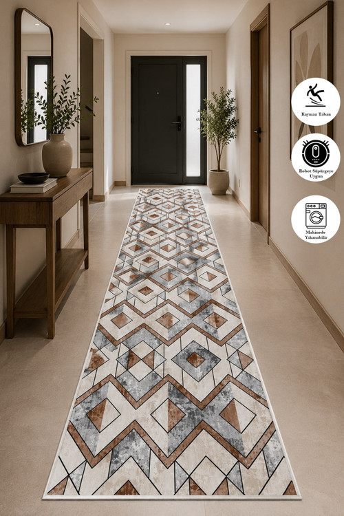 Modern Gerometrik Desen Baskılı Yıkanabilir Kaymaz Salon Oturma Odası Hol Antre Halısı Yolluk