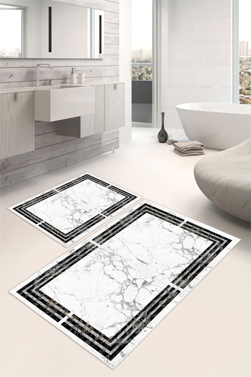 Çerçeveli Mermer Desenli Dijital Baskılı Yıkanabilir 2li Banyo Paspası