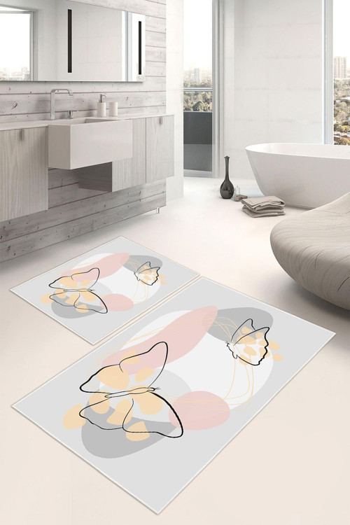 Dijital Baskı Kelebek Desenli Kaymaz Taban 2li Set Banyo Paspası Klozet Takımı (50x60cm-60x100cm)