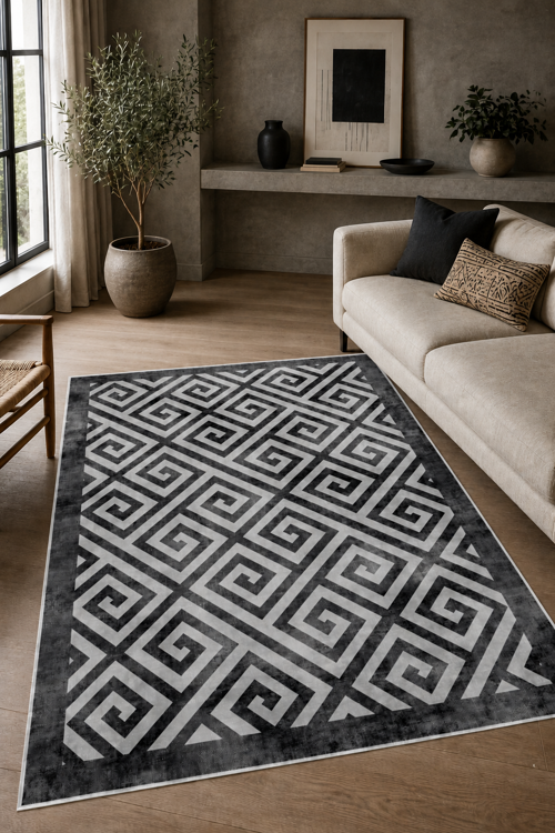 Gri Geometrik Desen Baskılı Yıkanabilir Kaymaz Taban Salon Oturma Odası Antre Halısı Yolluk