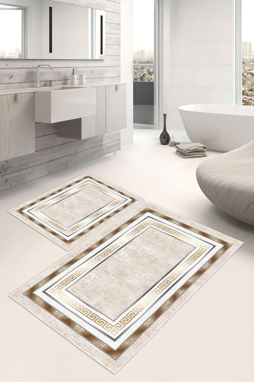 Dijital Baskı Çerçeve Desenli Kaymaz Taban 2li Set Banyo Paspası Klozet Takımı (50x60cm-60x100cm)