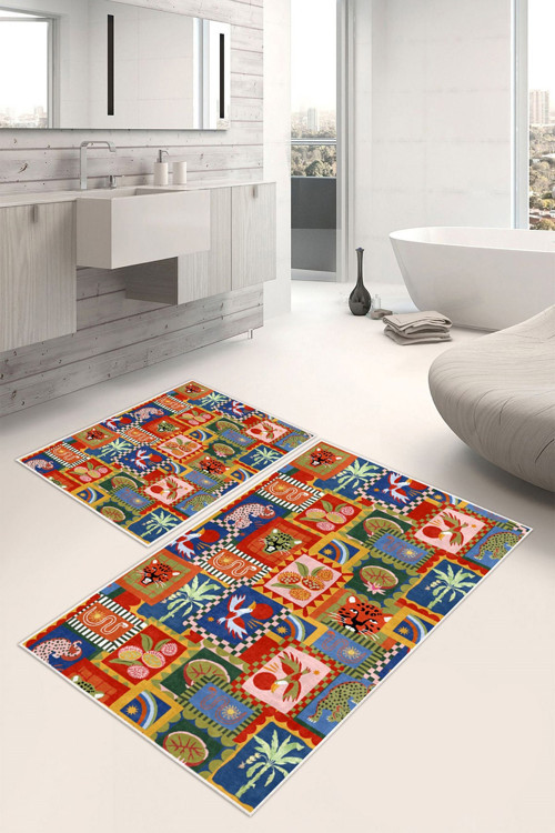 Modern Hayvan Desenli Baskılı Kaymaz Taban 2li Set Banyo Paspası Klozet Takımı (50x60cm-60x100cm)