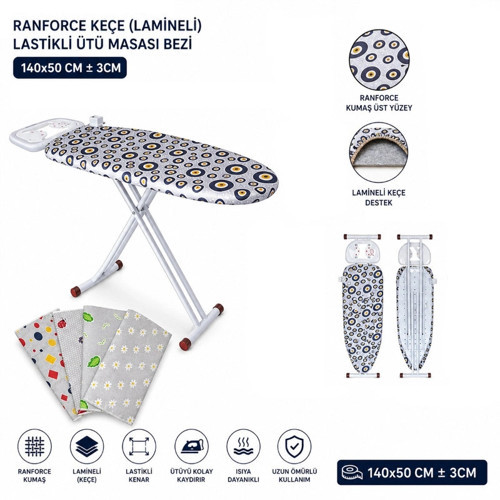 Ranforce Keçe Ütü Masası Bezi - Lastikli - Lamineli - 140x50 cm