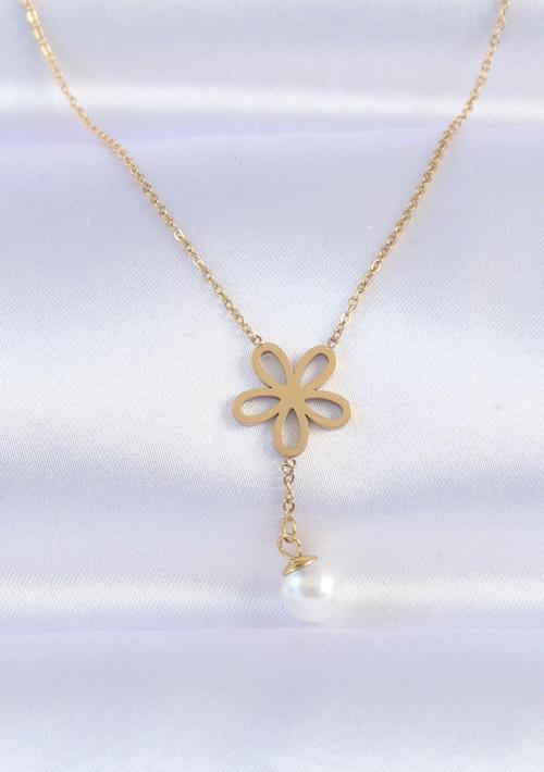 316L Çelik Zincir Gold Renk İnci Detay Çiçek Kolye - EBJ240613W24928