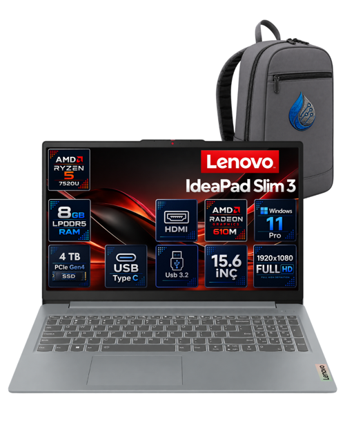 IdeaPad Slim 3 15AMN8 AMD Ryzen 5 7520U 8 GB LPDDR5 4 TB SSD Radeon 610M 15.6'' Full HD Windows 11 Pro Dizüstü Bi