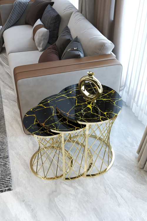Hasır C Model Zigon Sehpa (Gold Hasır Şimşek Mermer Temperli Cam )