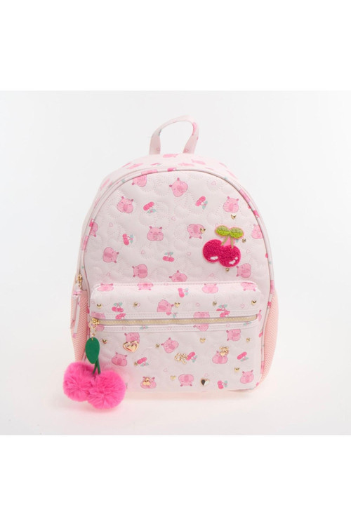 Kiraz ve Kapibara Desenli Kabartmalı Peluş Kiraz Aksesuarlı Okul Sırt Çantası 38x30cm