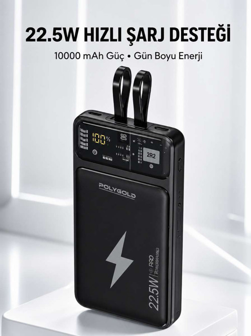 Powerbank Hızlı Şarj 10000 mAh Dahili Kablo Yeni Nesil