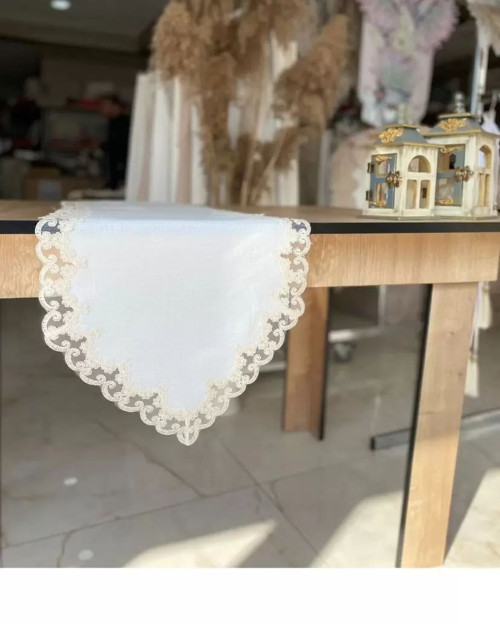 Lale Fransız Dantel Detaylı Sehpa Örtüsü 40x145 cm Şık Tasarım