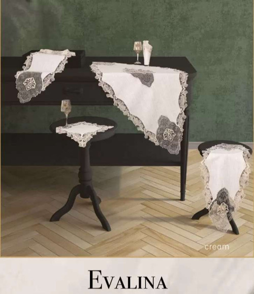 Salon Takımı Evalina Model - 5 Parça Keten Dantelli Masa Örtüsü Seti No 9631