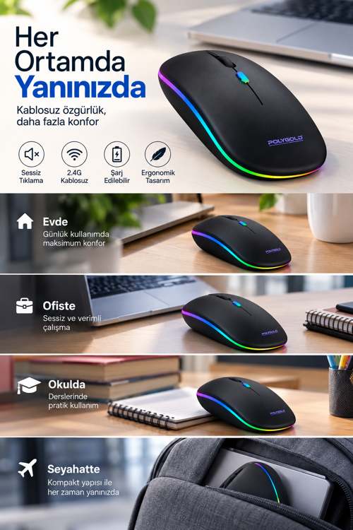 tekno 8 10 Metre Menzilli Şarj Edilebilir Kablosuz Mouse 2026