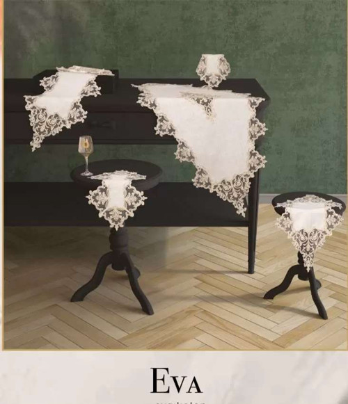 Eva Model - 5 Parça Keten Dantelli Salon Takımı Runner Seti No 111