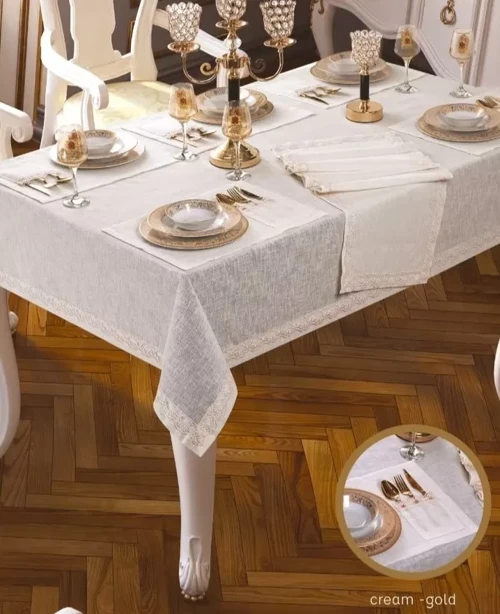 Linen Zara 26 Parça 12 Kişilik Yemek Takımı Masa Seti155 × 220 cm Runner Şık Ev Tekstili