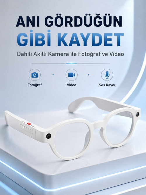 Beyaz Bluetooth Akıllı Gözlük Dahili Kameralı Fotoğraf Video Kayıt Yapay Zeka Çeviri Dokunmatik Kontrol Özellikli