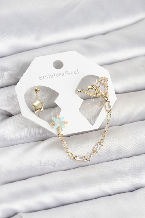 Yıldız Model Pirinç Renk Zincir Bağlantılı Ear Cuff Küpe Seti