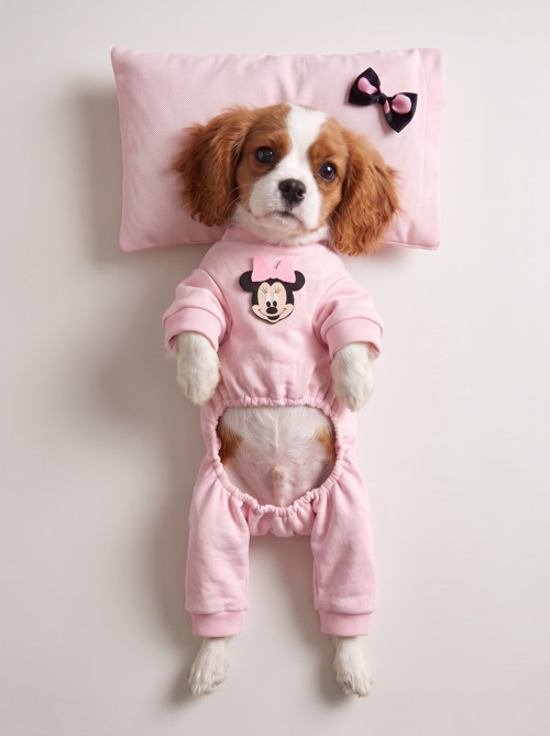 Pinkie Mouse Köpek Uyku Seti | Pembe Kalın Penye Köpek Tulumu ve Kurdele Detaylı Mini Yastık | 2 Parça