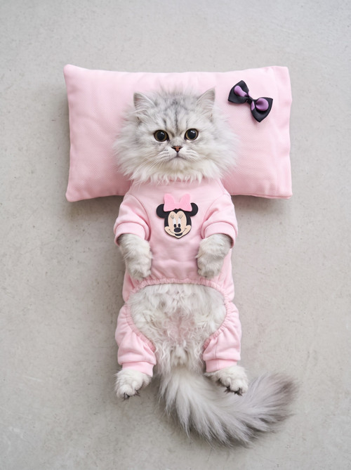Pinkie Mouse Kedi Uyku Seti | Pembe Kalın Penye Kedi Tulumu ve Kurdele Detaylı Mini Yastık | 2 Parça