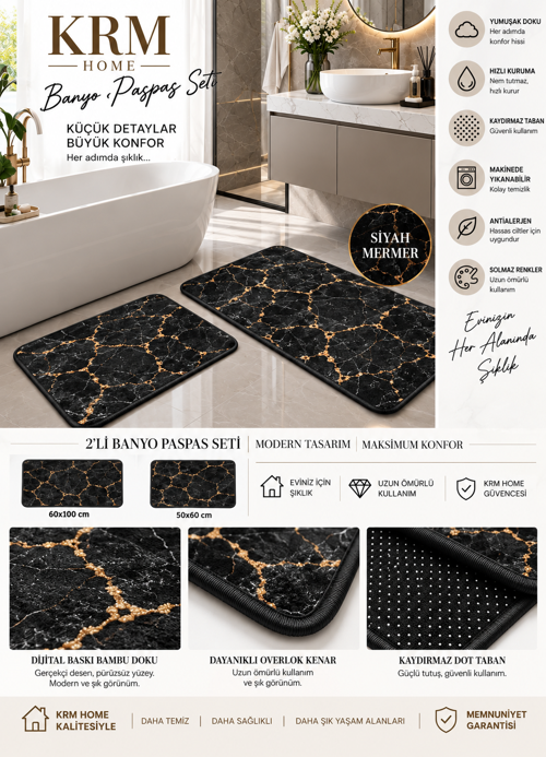 KRM HOME 2’li Banyo Paspas Seti Altın Damarlı Mermer Desenli Kaymaz Taban Yıkanabilir 60x100 + 50x60 cm