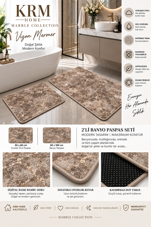 KRM HOME 2’li Banyo Paspas Seti Altın Damarlı Mermer Desenli Kaymaz Taban Yıkanabilir 60x100 + 50x60 cm