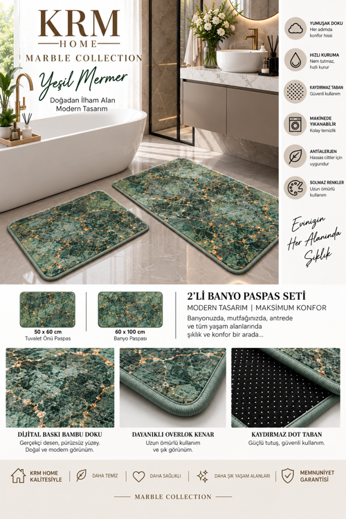 KRM HOME 2’li Banyo Paspas Seti Altın Damarlı Mermer Desenli Kaymaz Taban Yıkanabilir 60x100 + 50x60 cm