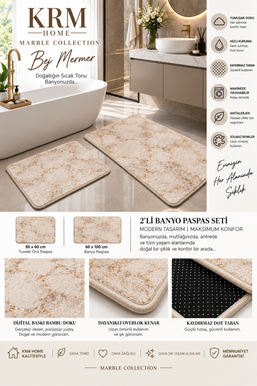 KRM HOME 2’li Banyo Paspas Seti Altın Damarlı Mermer Desenli Kaymaz Taban Yıkanabilir 60x100 + 50x60 cm