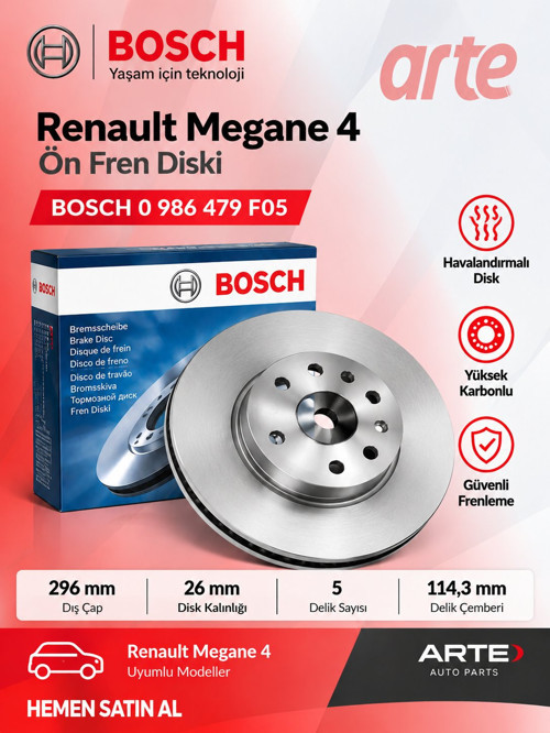 Bosch Renault Megane 4 Ön Fren Diski Takımı | 296 mm | Havalandırmalı | 2 Adet