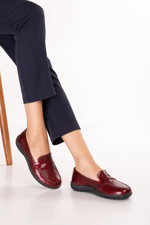 Kadın Hakiki Deri Geniş Ön Burun Rahat Loafer Ayakkabı esfa.602 Bordo Petek