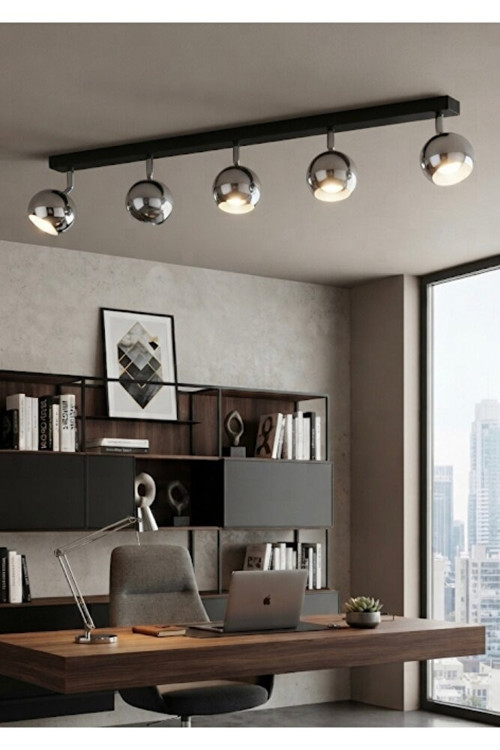 Beşli Modern 5’li Krom Kaplama Küre Led Spot Tavan Metal Avize 120 cm Siyah Gövde Krom Hareketli Başlık GU10 Duy OS RAM Syl vania Kalitesi