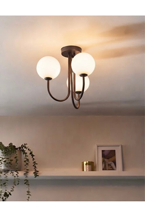 E27 Duy Üçlü 3'lü Top Camlı Küre Camlı Kahverengi Kollu Sıva Üstü Tavan Avize Rustik Modern Üç Kollu Kahverengi Metal Gövde Mat Beyaz Top Cam Avize Salon Yatak Odası Antre Aydınlatma