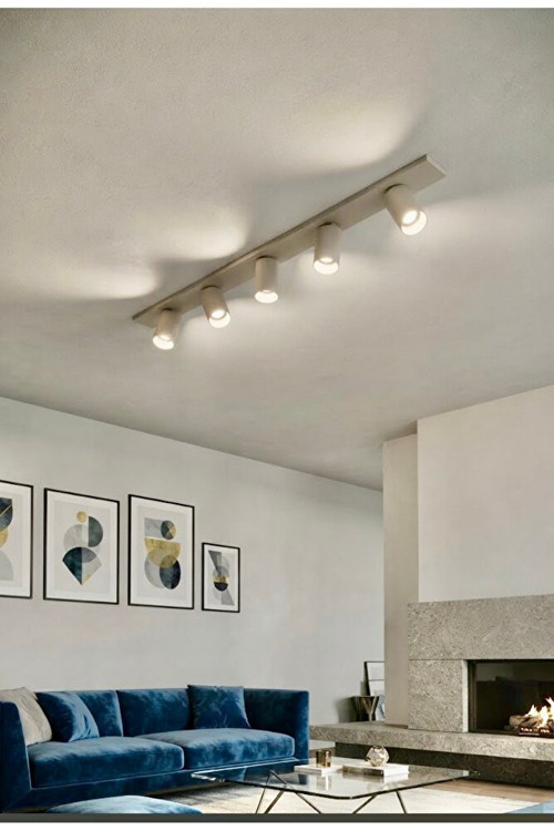 120 cm Beşli Sıvaüstü Metal 5'li Mat Krem Bej Led Spot Tavan Avizesi, Hareketli Başlık GU10 Duy 2700K Sarı 3000K GünIşığı 4000k ılık beyaz 6500 k beyaz Seçenekli Os ram Tasarruflu LED Ampül