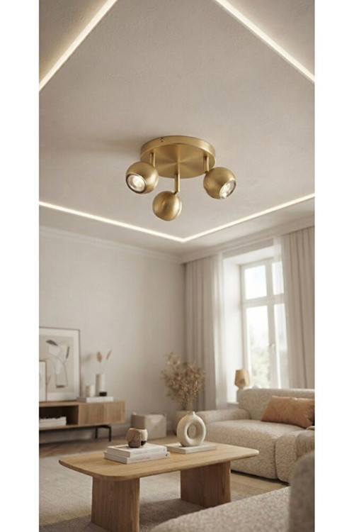 Üçlü Mat Altın Gold Kaplama Küre 3’lü Hareketli LED Spot Tavan Avize GU10 OS RAM Syl vania Tasarruflu Led Ampüllü Metal Spot Plofonyer Avize