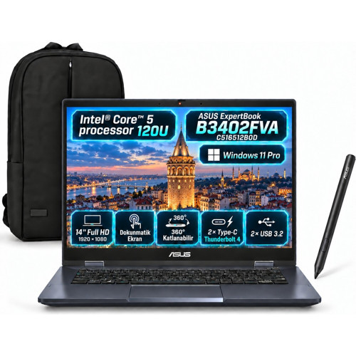Expertbook B3402FVA-C516512B0D-INTEL Core 5-120U 32GB 512GB 14" Fhd Windows 11 Pro Dizüstü Bilgisayar Kalem + Snertech Ç