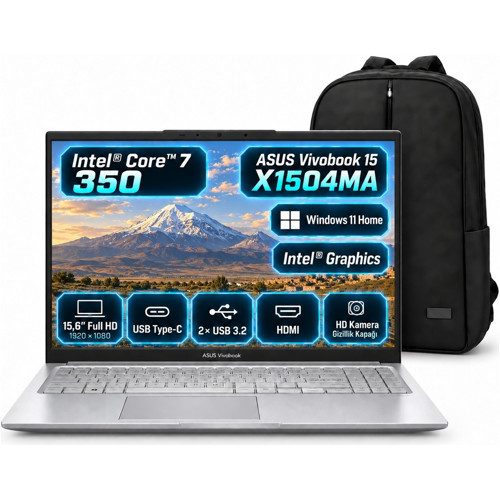 Vivobook 15 X1504MA Intel® Core™ 7 350 Aı 24GB 1tb SSD 15.6" IPS Fhd Windows 11 Home Taşınabilir Bilgisayar + Snertech Ç