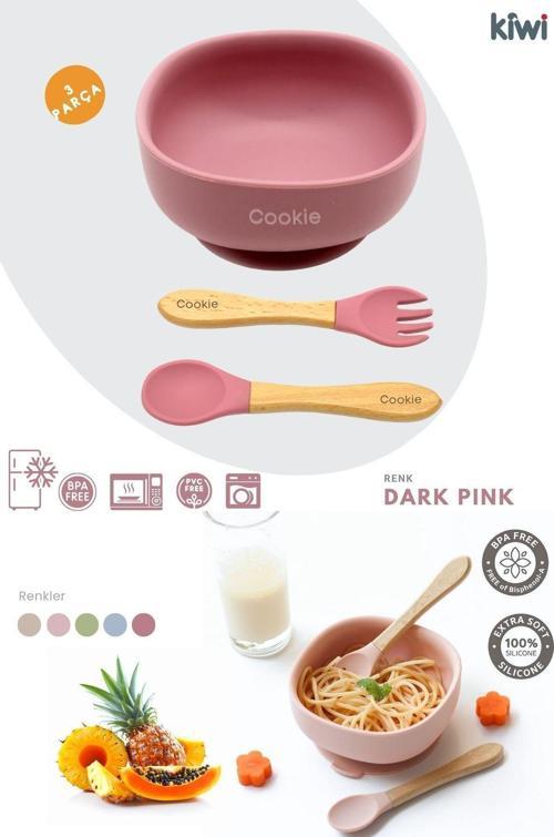 3 Parça Kase Çatal Kaşık Beslenme Seti - Doğal Silikon Bpa İçermez- Dark Pink