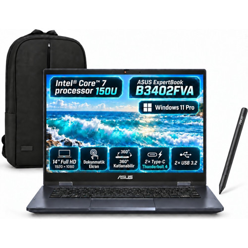 Expertbook B3402FVA-C716512B0D-INTEL Core 7-150U 24GB 1tb 14" Fhd Windows 11 Pro Dizüstü Bilgisayar Kalem + Snertech Çan