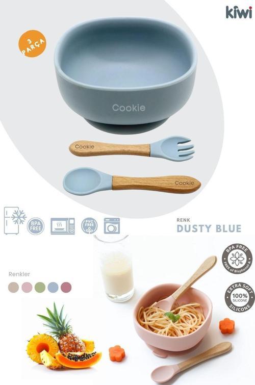 3 Parça Kase Çatal Kaşık Beslenme Seti - Doğal Silikon Bpa İçermez- Dusty Blue