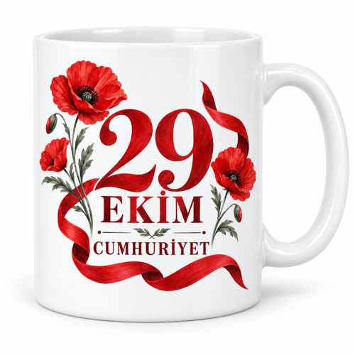29 Ekim Cumhuriyet Gelincik Çiçekli Porselen Kupa - Kırmızı Beyaz Tasarım
