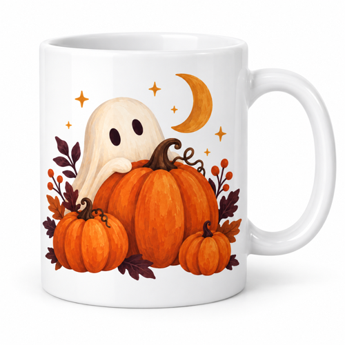 Sevimli Hayalet ve Balkabağı Tasarımlı Porselen Kupa - Halloween Teması