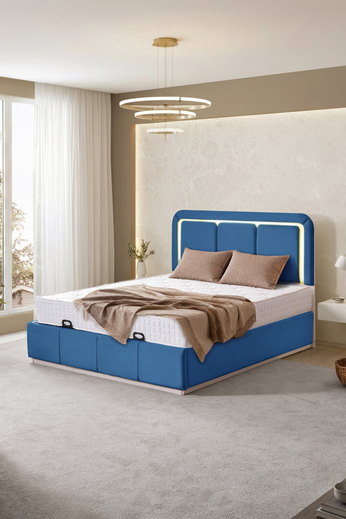 Demonte Baza Seti, Nox Ledli Çift Kişilik Baza Başlık Maxi Yatak Seti, Mavi - 160x200 cm