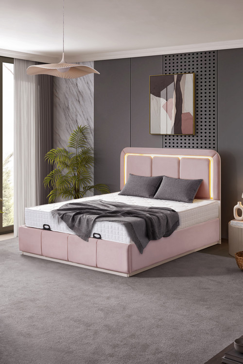 Demonte Baza Seti, Nox Ledli Çift Kişilik Baza Başlık Maxi Yatak Seti, Pembe - 160x200 cm