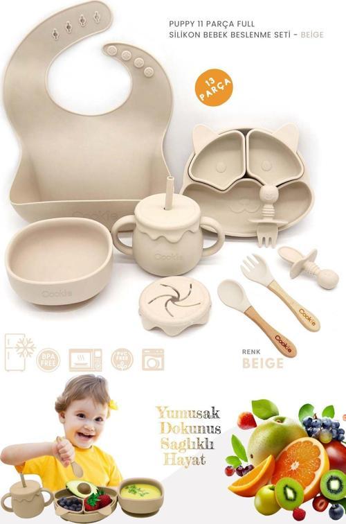 Puppy 13 Parça Full Silikon Bebek Beslenme Seti: Güvenli Esnek Bpa / Pvc Içermez %100 Doğal-Beige