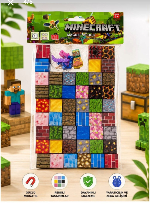 Manyetik Yapı Blokları Minecraft Mıknatıslı 49 Parça Yapı Seti 1 Figürlü Eğitici Zeka Oyuncağı