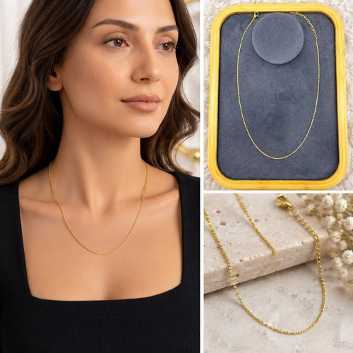 💎 Premium Parlak ve Şık Minimal Gold Renk 316L Çelik Zincir Kadın Kolye (45cm)