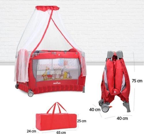 Oyun Parkı Sallanabilen Katlanabilen Tekerlekli Cibinlikli Park Yatak Beşik-Kırmızı