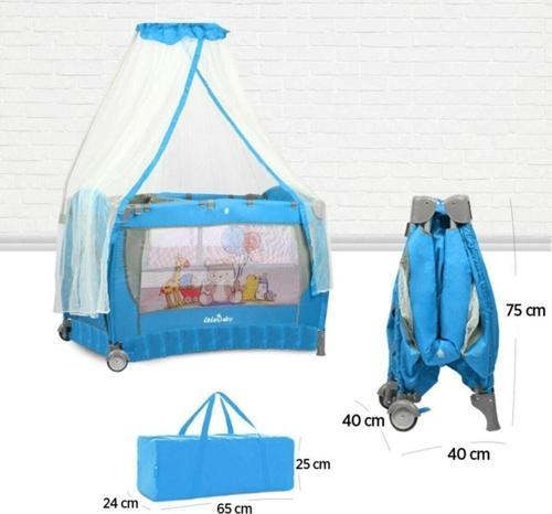 Oyun Parkı Sallanabilen Katlanabilen Tekerlekli Cibinlikli Park Yatak Beşik-Mavi