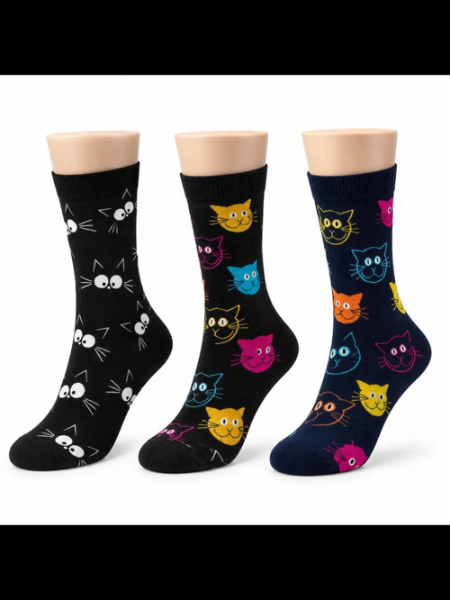 Wak Unisex Kedi Desenli Çorap 3'lü Set Pamuklu Renkli Uzun Soket Dikişsiz Nefes Alan Rahat Günlük Çorap