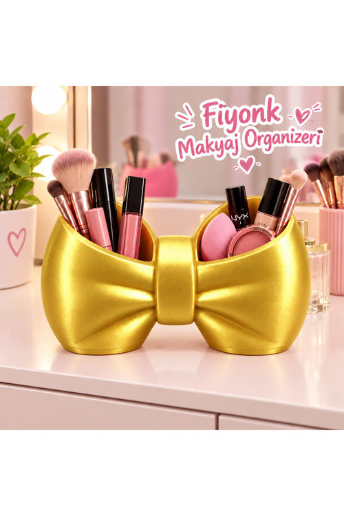Fiyonk Tasarımlı Makyaj Organizeri 16x10 cm – Kozmetik ve Makyaj Malzemeleri Düzenleyici - Gold