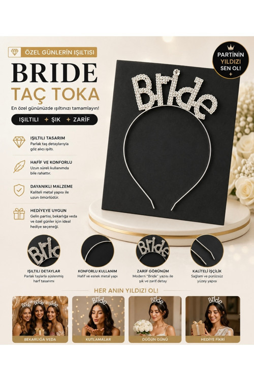Kristal Taşlı Bride Yazılı Taç Bekarlığa Veda