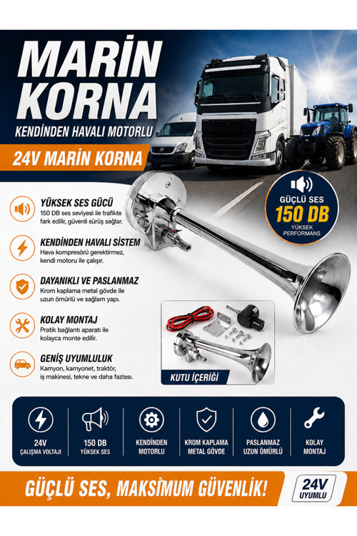 Marin Korna 24V Kendinden Motorlu Yüksek Ses Kalitesi Krom Kamyon Tır Kamyonet